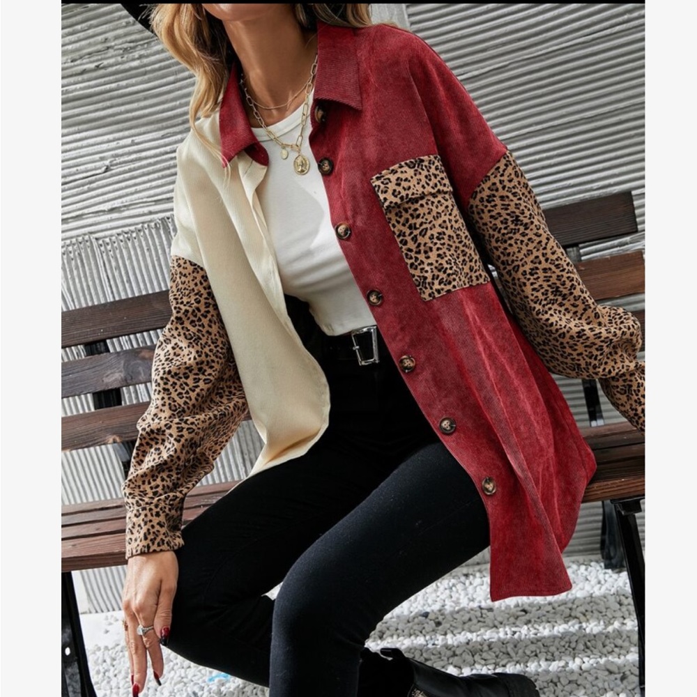 Cozy Corduroy  Oversized Relaxed fit Leopard Print Patch Work Button Down Shirt - Picture 7 of 16